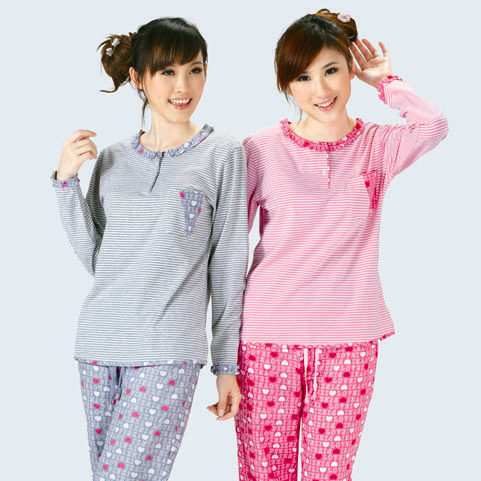 Free shipping   autumn women's 100% cotton sleep set long-sleeve fine stripe lounge o-neck casual at home service 8301