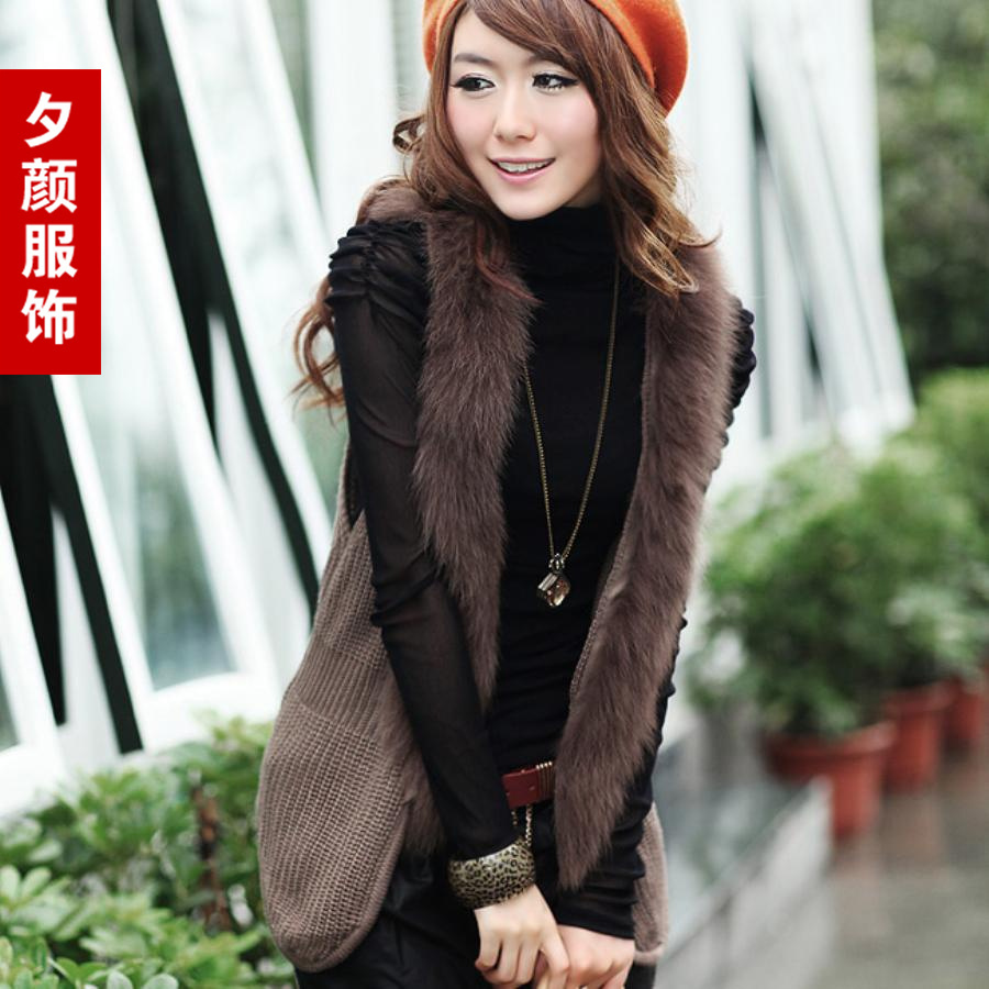 free shipping Autumn women's fashion luxury rabbit fur collar yarn vest sleeveless yarn vest s