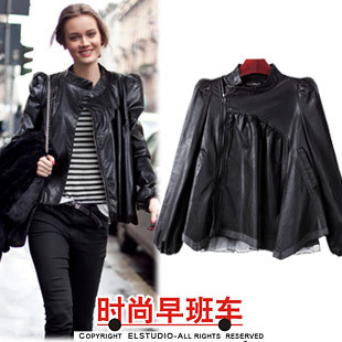 free shipping  autumn women's lace patchwork slim leather clothing fashion plus size PU clothing short jacket jk600