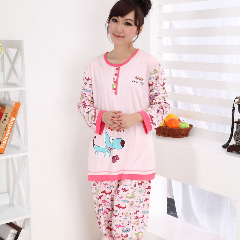 free shipping Autumn women's sleep set cartoon penitently dog knitted 100% cotton long-sleeve lounge