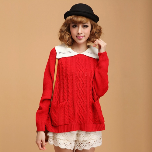 Free shipping Autumn women's sweet twisted large lapel pocket sweater plus size loose red sweater