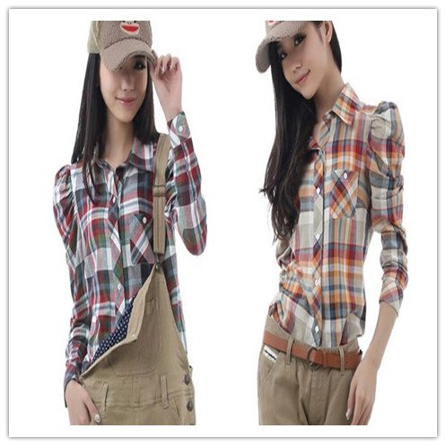 Free Shipping Autumn Women Shirts Korean version Long-sleeved Pure Cotton Plus Size Women Plaid Blouses