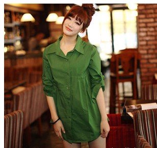 free shipping  B13232D0  two wear short / long sleeve  turndown collar   man-made  Tencel green brown women's plicated blouse