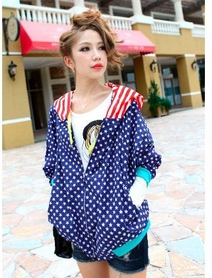 Free Shipping, B23 2011 autumn and winter five-pointed star pattern stripe with a hood long-sleeve casual outerwear