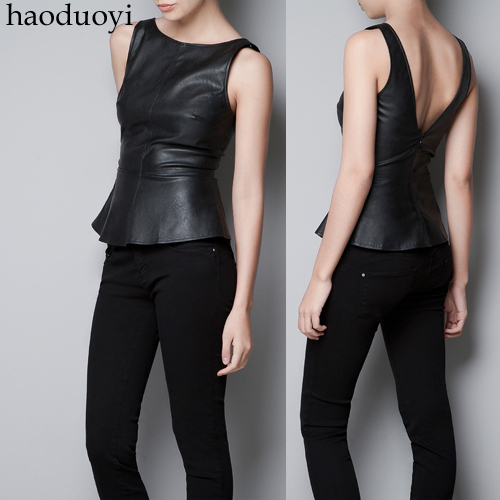 Free Shipping Back deep V-neck black leather PU ruffle sleeveless vest autumn and winter female decoration top ZX00001