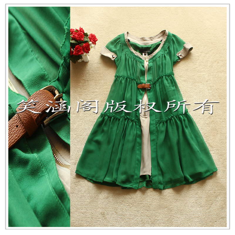 Free Shipping Baimuer pleated full zipper decoration leather buckle on silk skirt q-032909 Noble Women