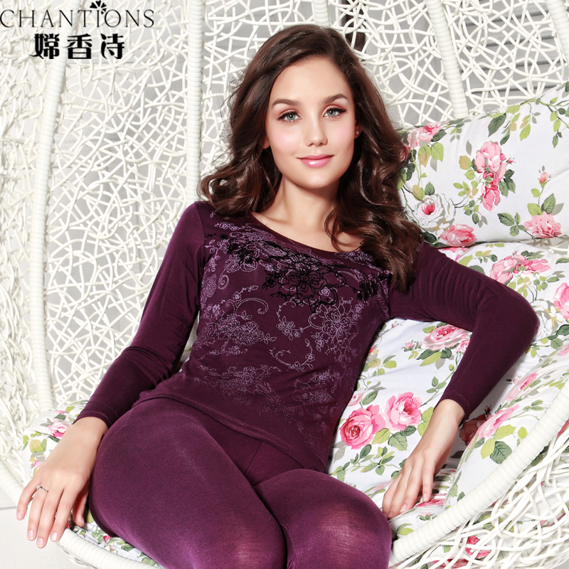 Free shipping Basic thermal modal bamboo fibre print o-neck thermal underwear