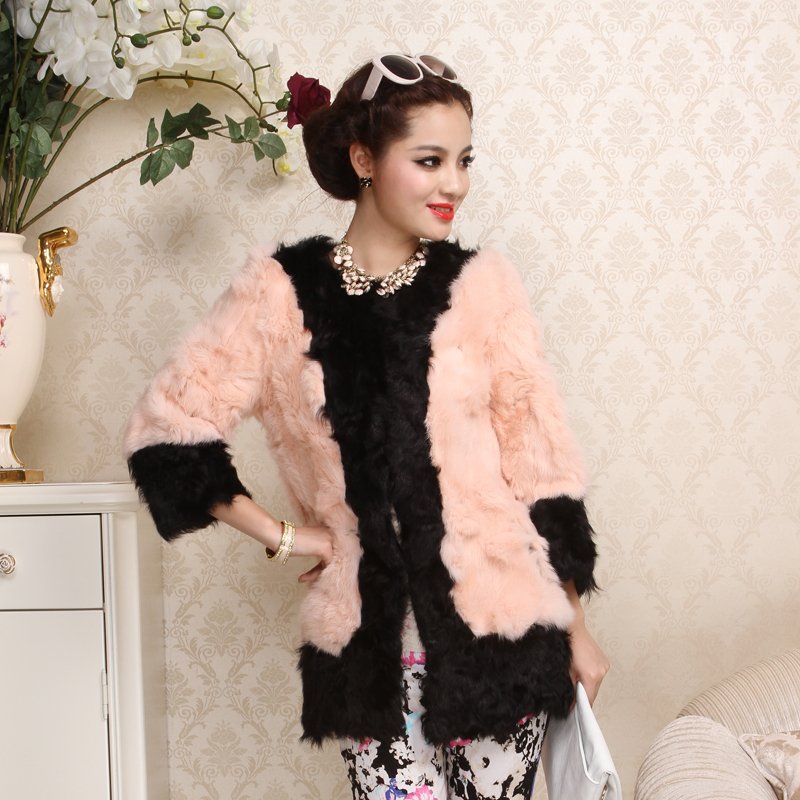 free shipping, Beach wool fur coat 2012 rabbit fur overcoat berber fleece medium-long o-neck slim