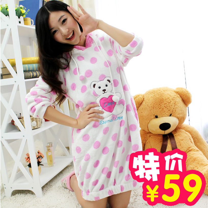 Free shipping! Bear cartoon coral fleece nightgown with a hood sleepwear lounge long-sleeve nightgown dot