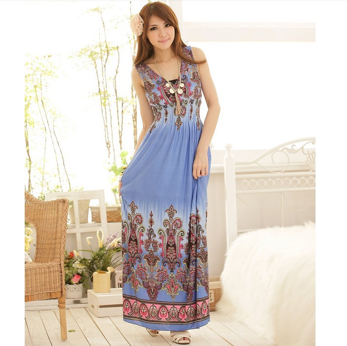 Free Shipping Beautiful Ice Silk Bohemia Dress Aesthetic V-neck Mop  Phoenix Print Sexy Long Beach Dress Dress - BAD050