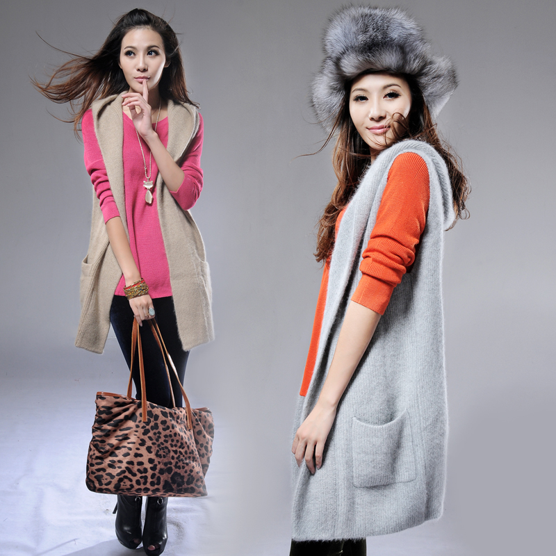 Free shipping Beige cardigan female long design sweater mink sweater long design hooded