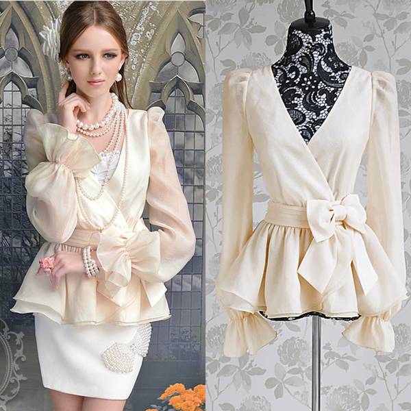 Free shipping beige cross v-neck bow pleated women slim formal OL full sleeve blouse shirt new fashion 2013