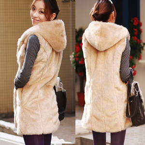 Free shipping- beige faux hooded vest quality gentlewomen elegant thermal faux leather sweater vest