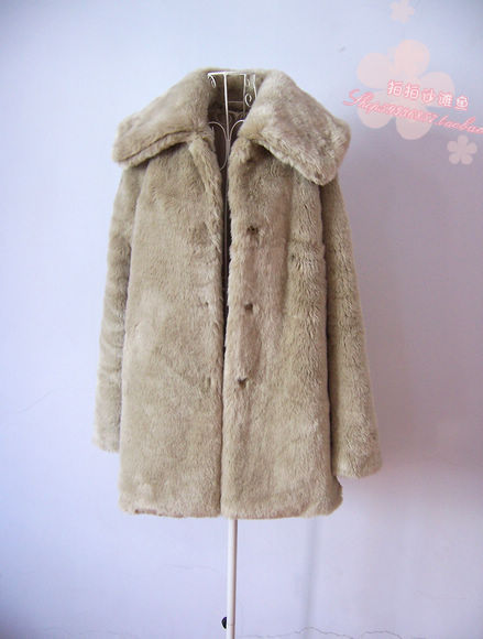 free shipping Beige faux paul warm fur overcoat large lapel medium-long fur coat