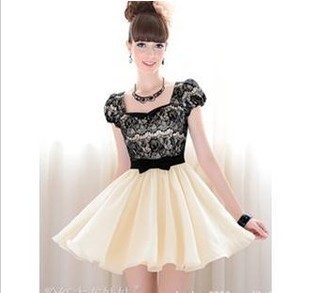 Free shipping beige mosaic black lace diamond collar neck slim bow puff short sleeve ladies knee-length cute pleated dress