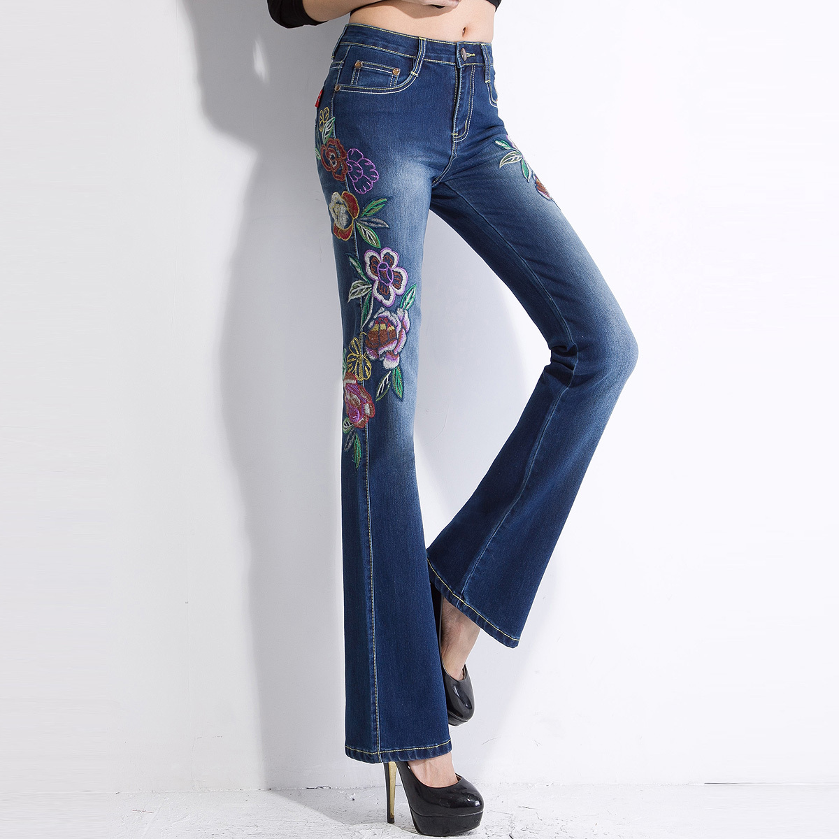 free shipping bell bottom jeans for women embroidered jeans female 2013 embroidery water wash flare trousers women jeans