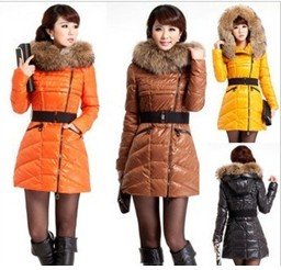 FREE SHIPPING  BELT 2012 winter luxury large fur collar thickening down coat ladies medium-long jacket outwear fashion coat