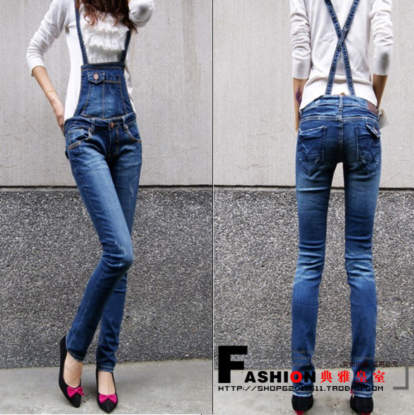 Free Shipping Bib pants female plus size denim jeans thin skinny pants jumpsuit trousers