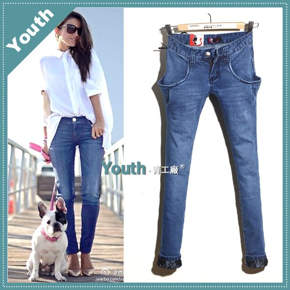 free shipping big pocket lady low waist pencil trousers/lady pants/slim jeans/designer brand jeans/denim  8111