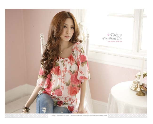 Free Shipping!Big size 2013 summer Chiffon Priting red Blouses for Women  JY-3008 Size:   L XL XXL XXXL