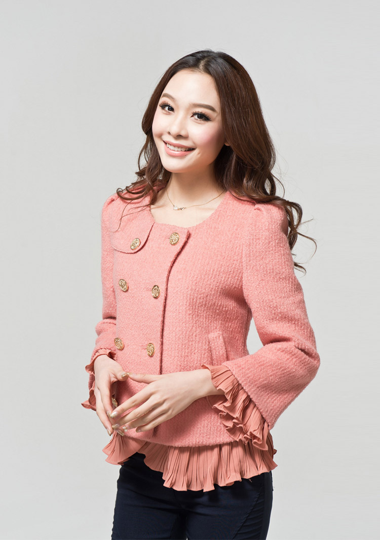 Free shipping big size short coat women wool jacket spring double breasted rufflen hem O neck pink  XL-XXXXL