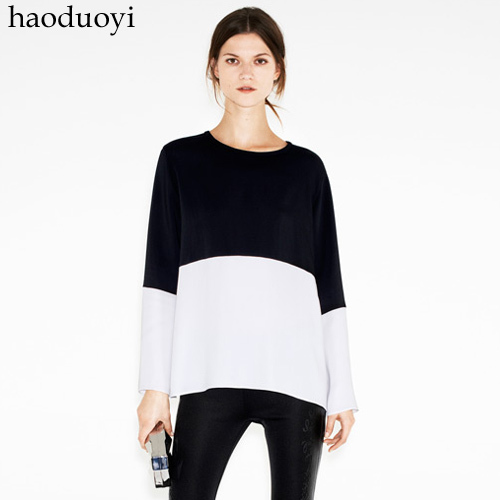 Free Shipping, Black and white colorant match long-sleeve shirt basic studio double color block decoration top