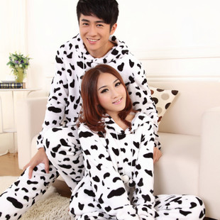 FREE SHIPPING!!!Black and white cow autumn and winter thickening coral fleece lovers sleep wear