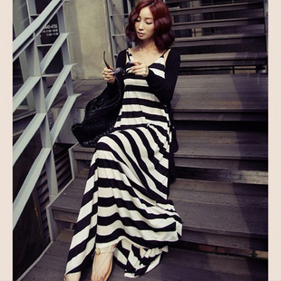 Free shipping black and white stripe tank  women dresses bohemia full dress twinset