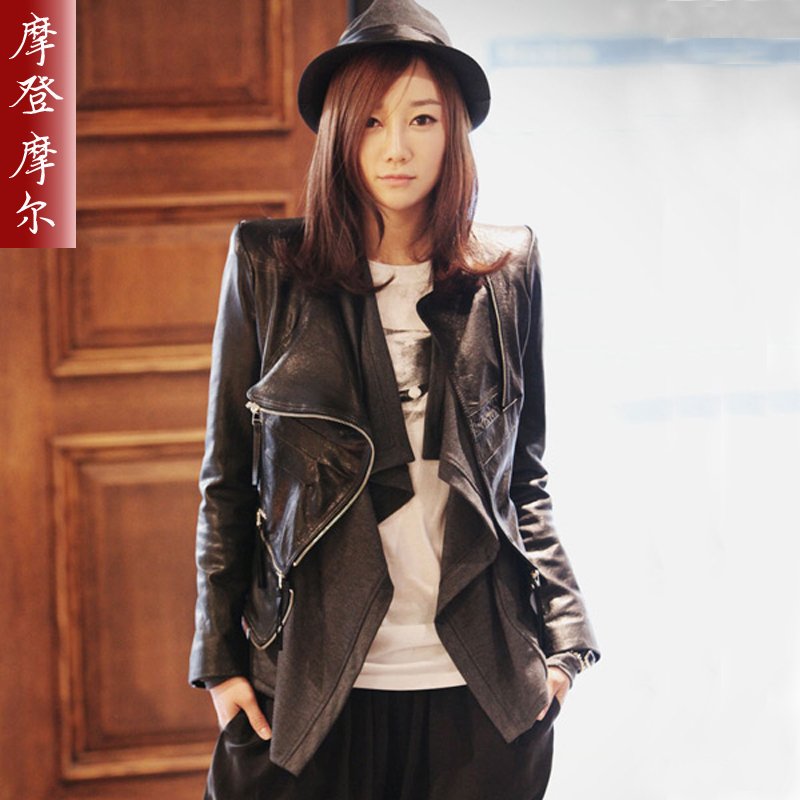 free shipping black big size fashion leather clothing personality slim jacket motorcycle star style