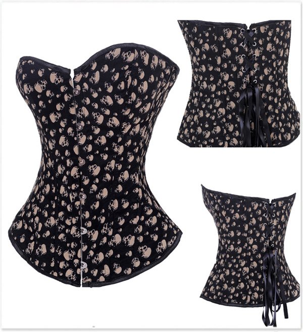 Free Shipping Black Brocade  Skull heads Pattern Overbust Corset - 2769