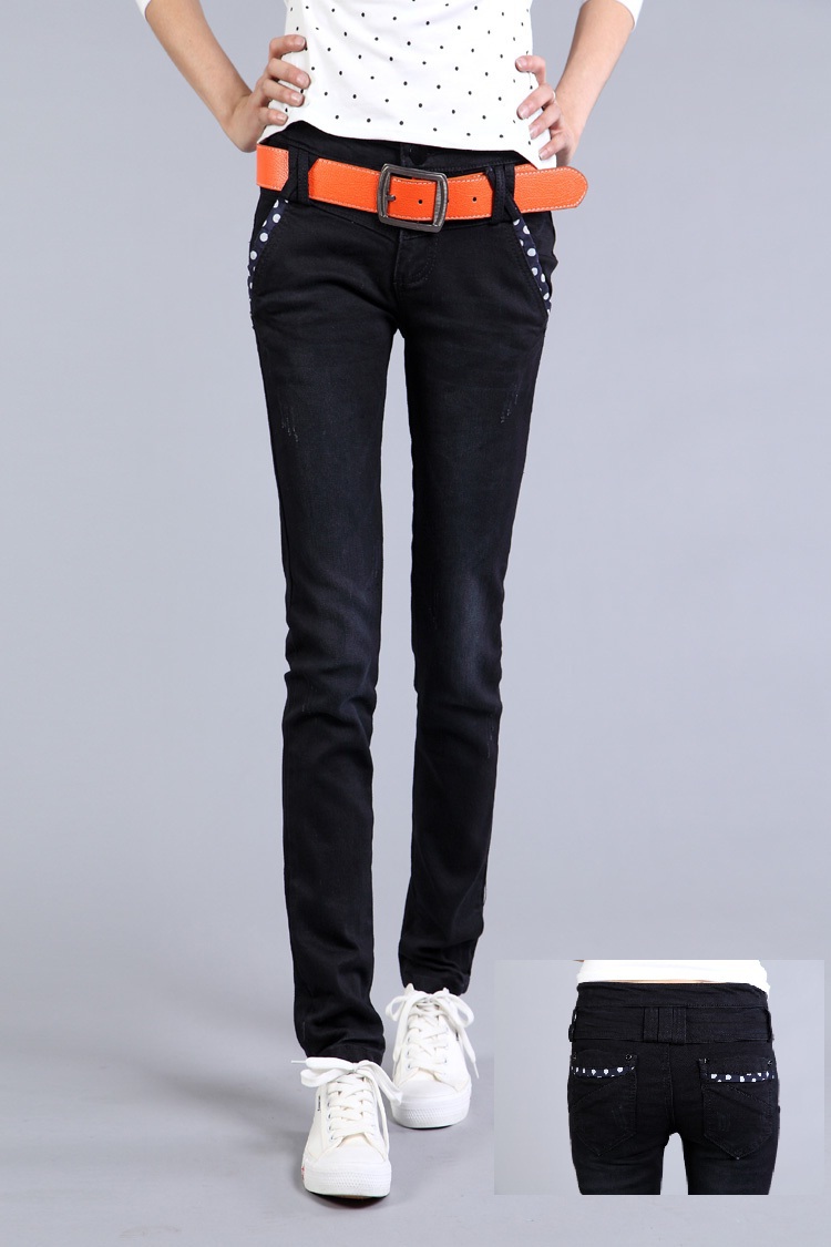 Free shipping black casual trend denim trousers polka dot preppy style skinny jeans for women mid waist jeans pencil pants