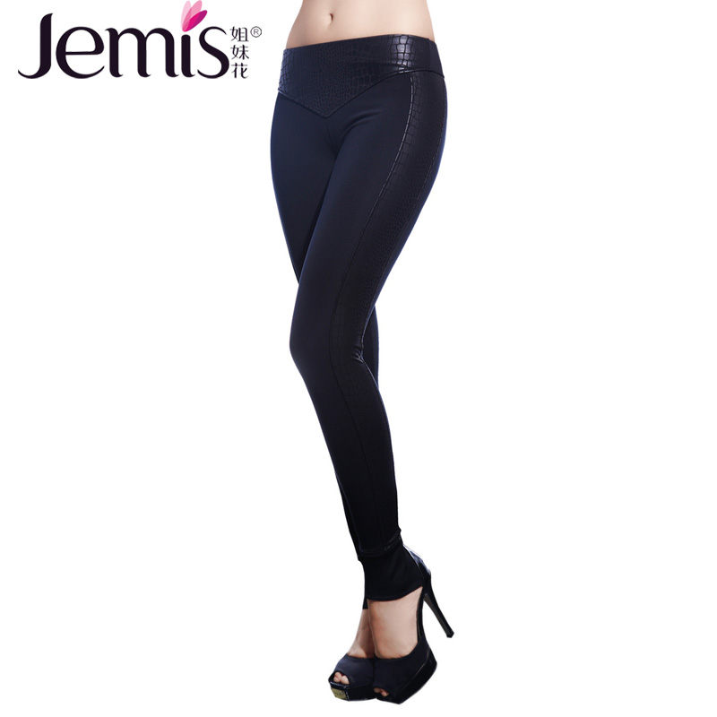 [Free Shipping] Black cotton patchwork elastic waist legging pants j11080