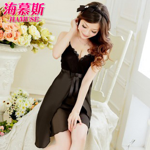 FREE SHIPPING Black faux silk sexy sleepwear women's cute spaghetti strap lace nightgown robe the temptation of plus size