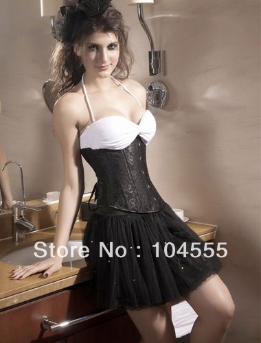 Free shipping Black Floral Brocade Under bust Corset