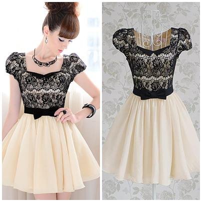 Free shipping black lace patchwork diamond neck slim bow puff short sleeve ladies knee-length cute pleated dress new fashion