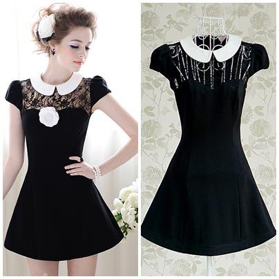 Free shipping black lace patchwork short sleeve white peter pan collar ladies slim mini cute princess dress new fashion 2013