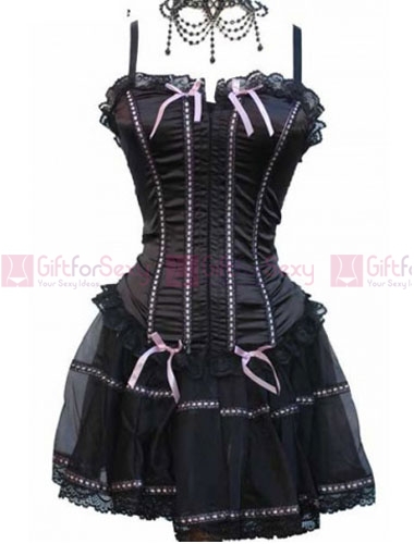 Free shipping  Black Lace Trimmed Overbust Boning Corset with Skirt