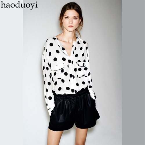 Free Shipping Black large polka dot print shirt double pocket shirt white stand collar long-sleeve women's 6 full