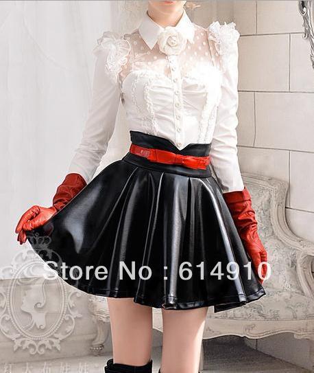 FREE SHIPPING Black leather waist clump skirt 452-994