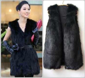 Free shipping-Black macrotrichia fur vest faux vest medium-long fur coat