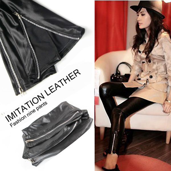 Free shipping Black Matt Faux Leather Tight side zipper Legging Women's pants