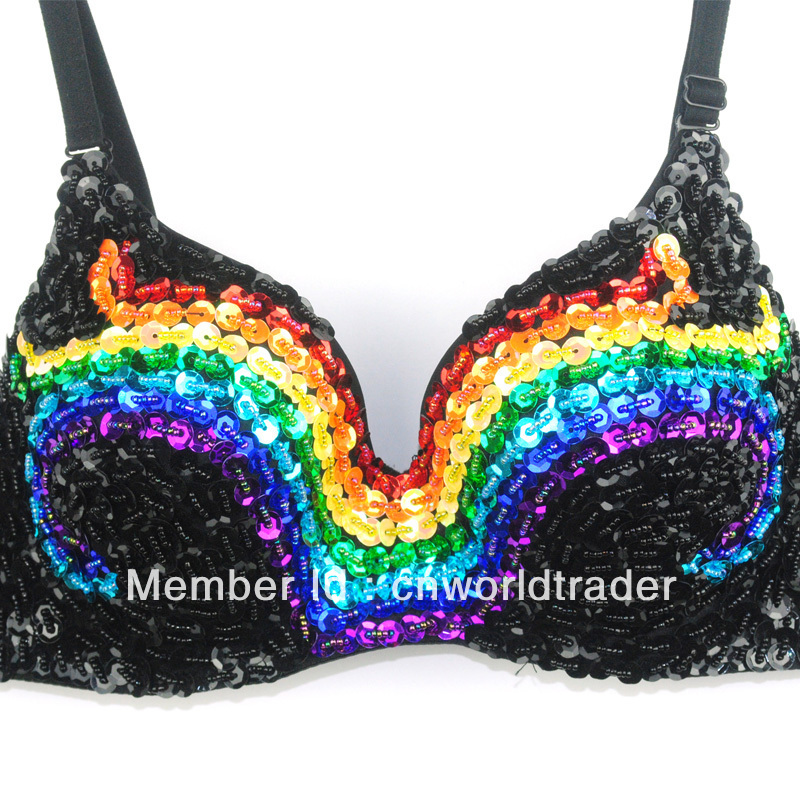 Free shipping black rainbow paillette embellished bra,sequin studded punk rock bra,sexy stripper wear,night club,disco wear