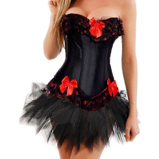 Free shipping! Black/Red Ribbon CORSET & Black tutu skirt Sexy Lingerie 8140A