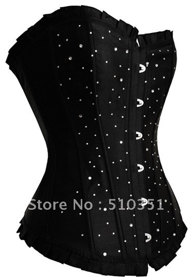 Free shipping!! Black Satin Boned Corset Bustier with Sparkly Stones 2135