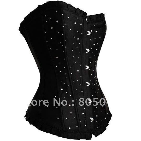 Free shipping!! Black Satin Boned Corset Bustier with Sparkly Stones Sexy Lingerie womens' Bustiers 1 set