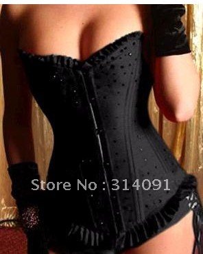 Free shipping!! Black Satin Boned sexy Corset Bustier with Sparkly Stones sexy lingerie black corset, 8153