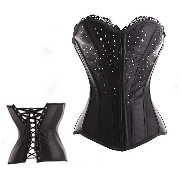 Free shipping  Black satin coret busiter bodyshaper hook eye front with stones S-XL