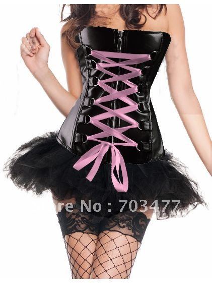 free shipping black sexy corset with mini dress pink lace-up front for cinching front zipper corset wholesale and retailer