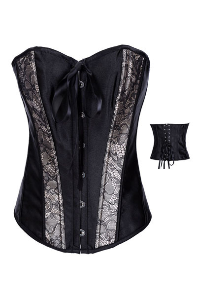 Free Shipping Black Sexy Corsets and Bustiers With White Floral Embroidery and Tong-LB4051