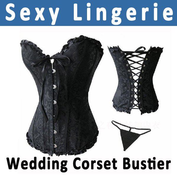 Free Shipping Black Sexy Lace up Steel Bustier G-String Corset Lingerie Underwear Sleepwear (0501067)